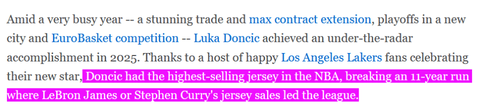 全联盟第一！东契奇今年球衣销量登顶NBA打破詹库长达11年的统治